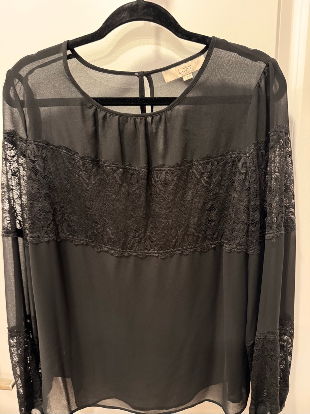 LOFT Black Sheer Lace Panel Long-Sleeve Blouse
